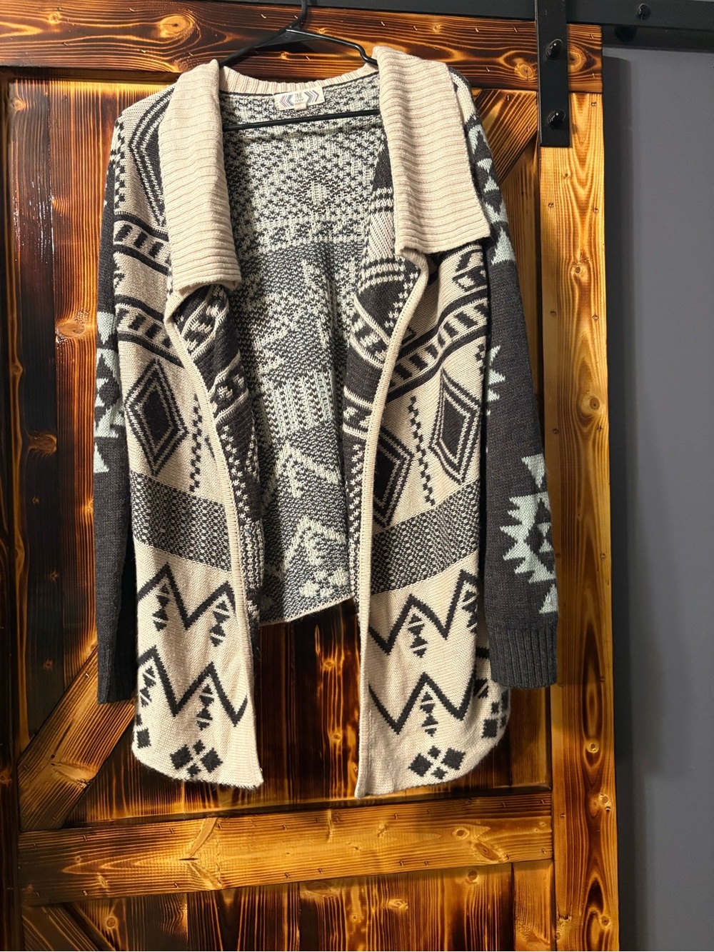 Pink Rose Aztec Open-Front Cardigan in Beige, Charcoal and light blue. Large